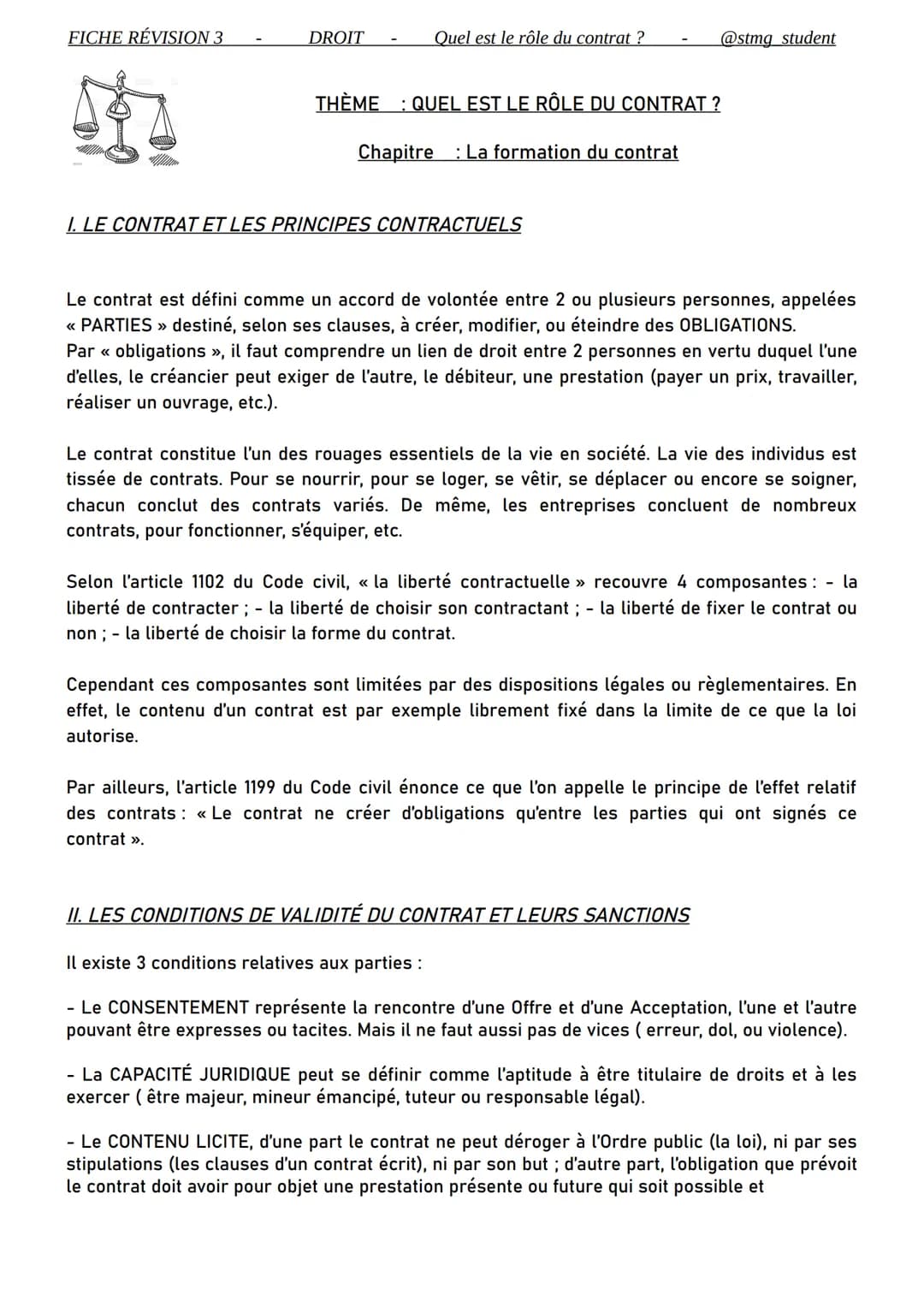 FICHE RÉVISION 3
DROIT
Quel est le rôle du contrat ?
THÈME QUEL EST LE RÔLE DU CONTRAT ?
Chapitre La formation du contrat
I. LE CONTRAT ET L