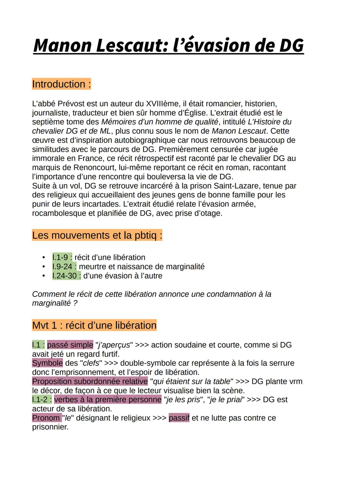 Manon Lescaut: l'évasion de DG
Introduction :
L'abbé Prévost est un auteur du XVIIIème, il était romancier, historien,
journaliste, traducte