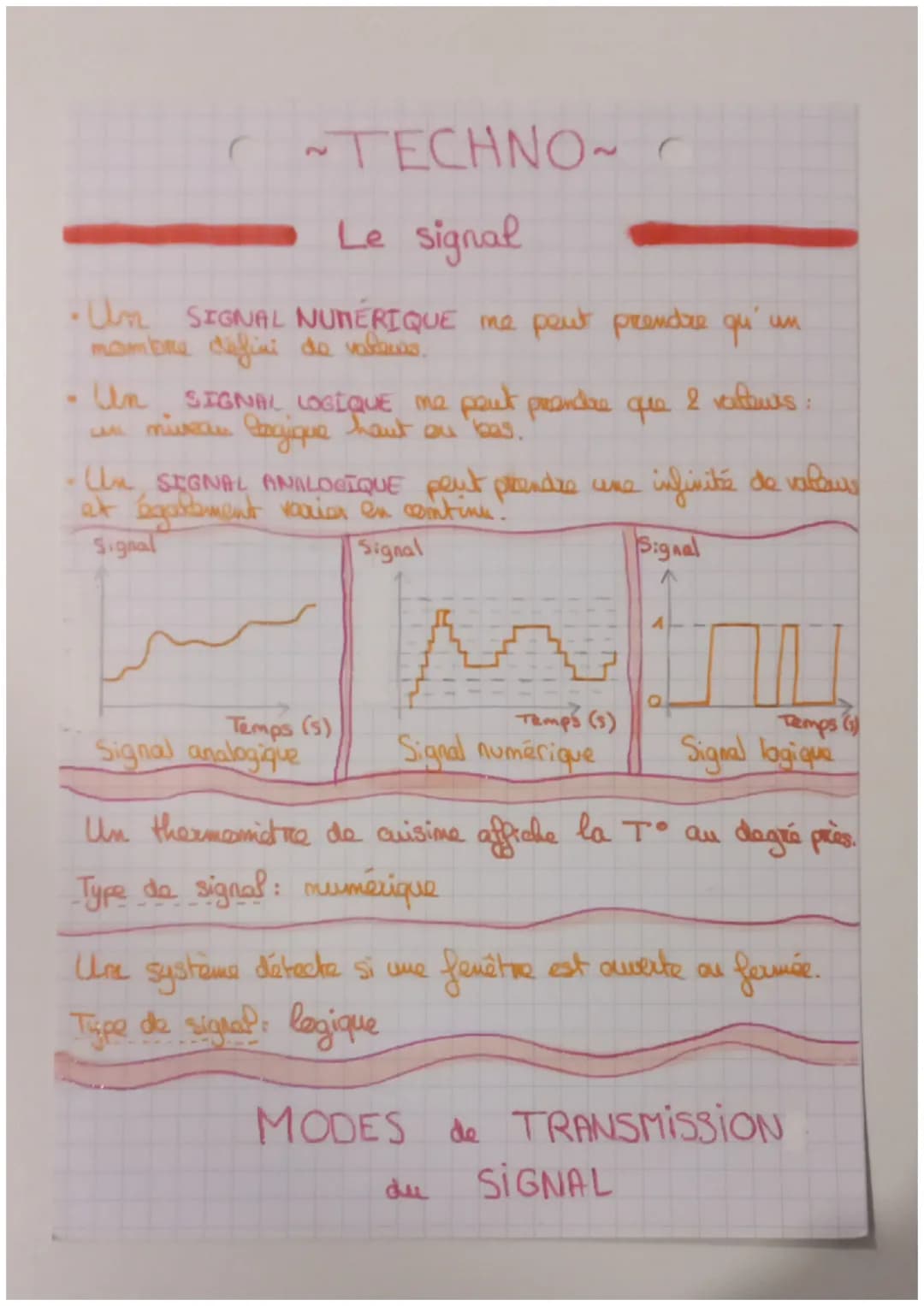 ~TECHNO~ C
Le signal
•U SIGNAL NUMERIQUE me peut prendre qu'un
nombre defini do varands.
Un SIGNAL LOGIQUE me peut prendre que
logique
hant 