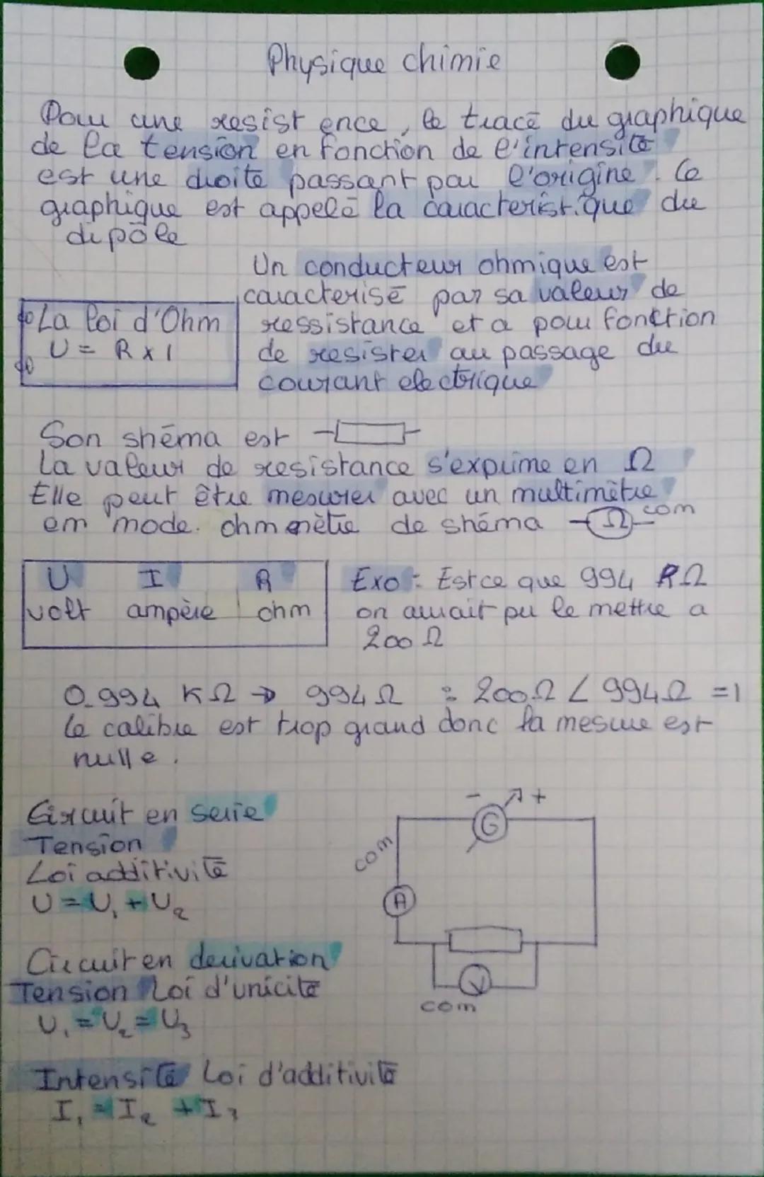 Physique chimie
Pour une resist ence, le trace du graphique
de la tension en fonction de l'intensite
est une droite passant par l'origine Ce