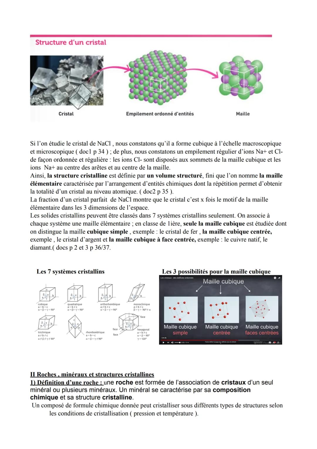 Chapitre 2 : des édifices ordonnés : les
cristaux
Les notions, déjà connues, d'entité chimique, de roche et de minéral sont remobilisées. L'