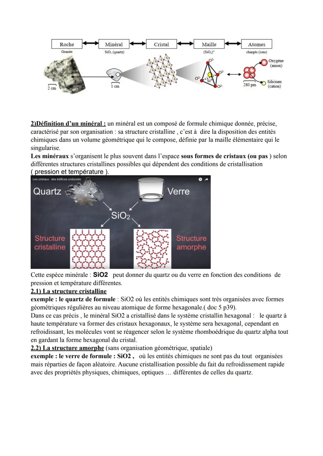 Chapitre 2 : des édifices ordonnés : les
cristaux
Les notions, déjà connues, d'entité chimique, de roche et de minéral sont remobilisées. L'