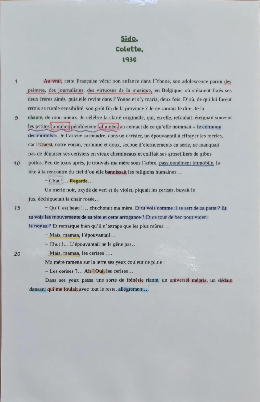 Sido,
Colette,
1930
1
5
Au vrai, cette Française vécut son enfance dans l'Yonne, son adolescence parmi des
peintres, des journalistes, des v