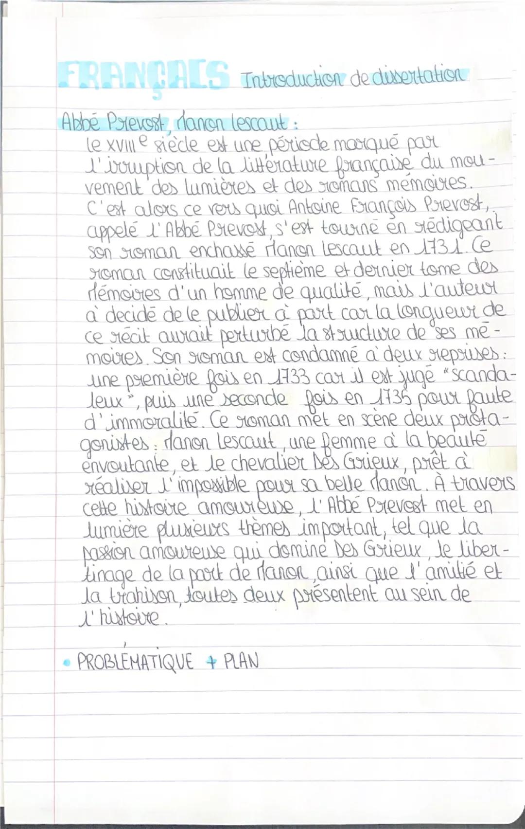 FRANÇAIS Inbrsduction de dissertation
Abbé Prevost, Manon Lescaut:
le xville siècle est une période marqué par
I'irruption de la littérature