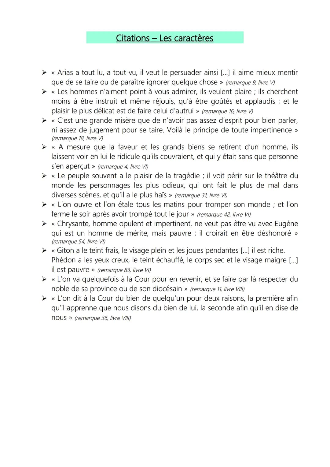 Citations - Les caractères
> «< Arias a tout lu, a tout vu, il veut le persuader ainsi [...] il aime mieux mentir
que de se taire ou de para