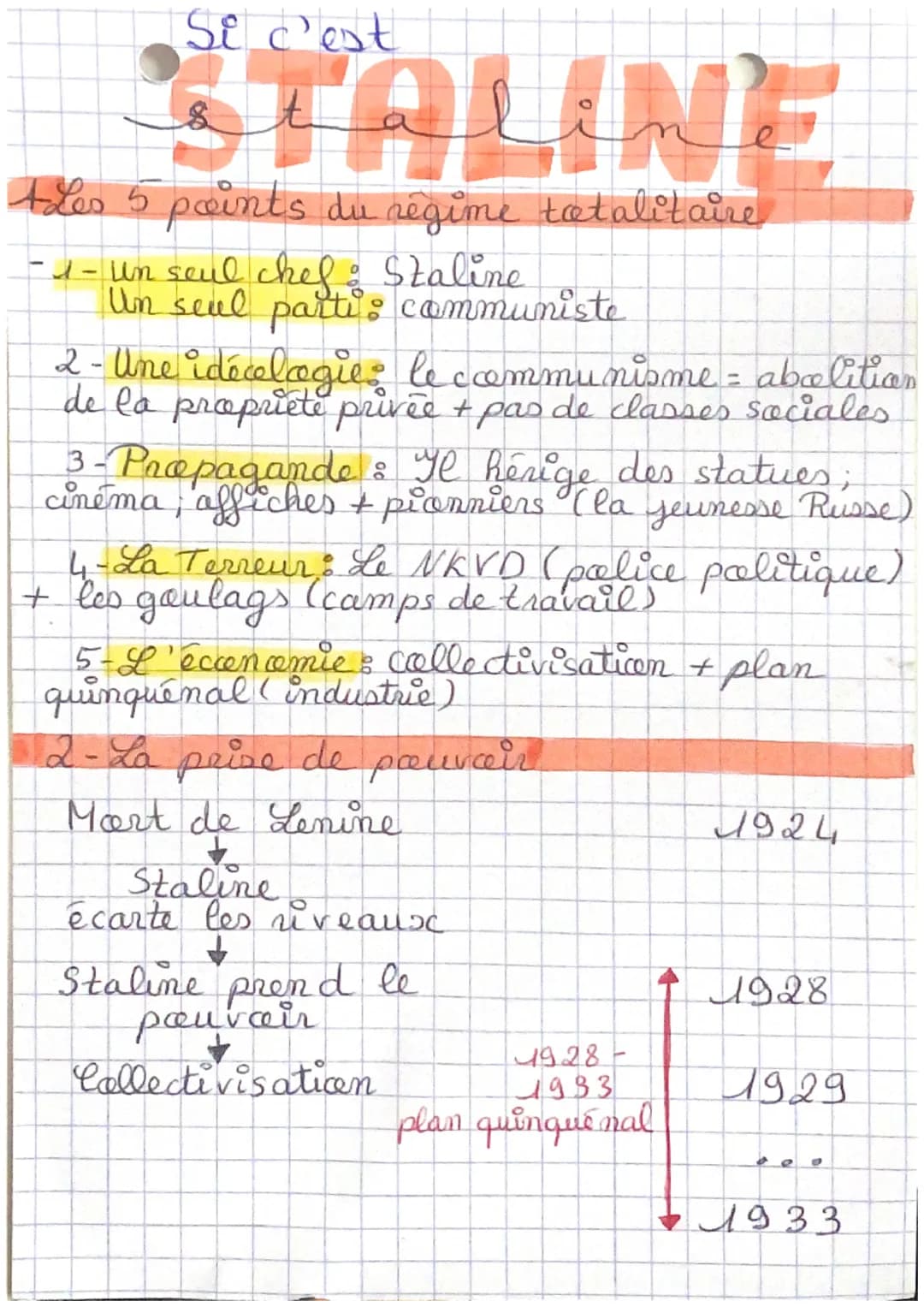 Si c'est
STALINE
Ades 5 points du régime totalitaire
-1- un seul chef : Staline
Un seul parti: communiste
2- Une idécologie: le communisme =
