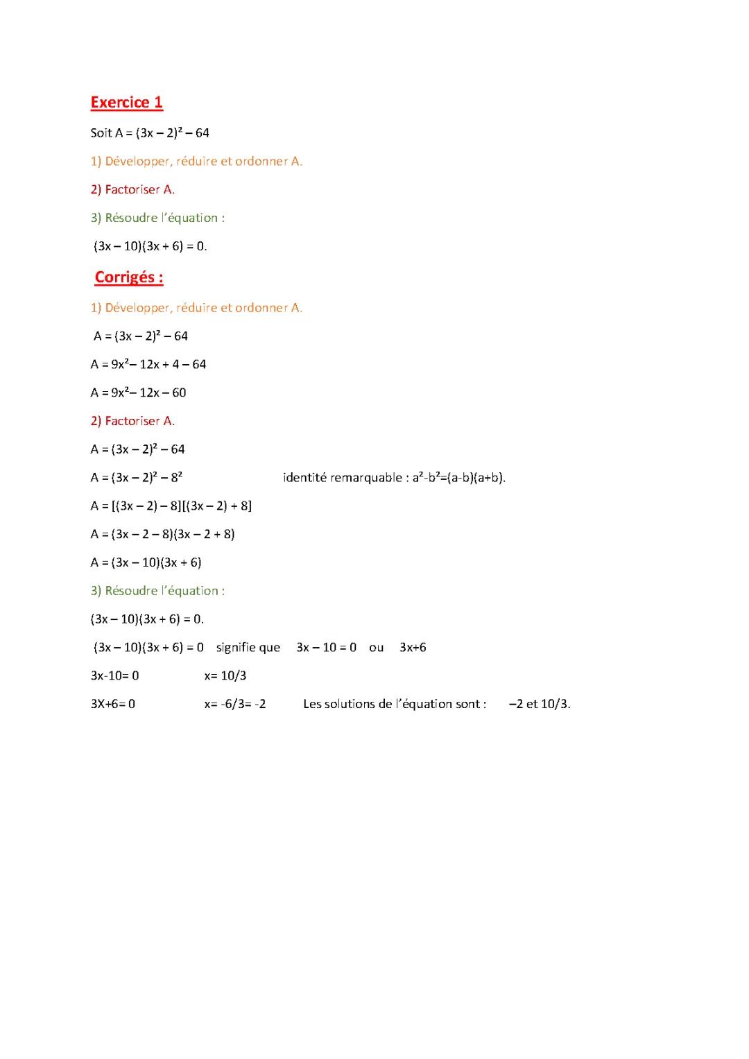 Exercices de Développement et Factorisation avec Corrigés PDF pour la 3ème et 4ème