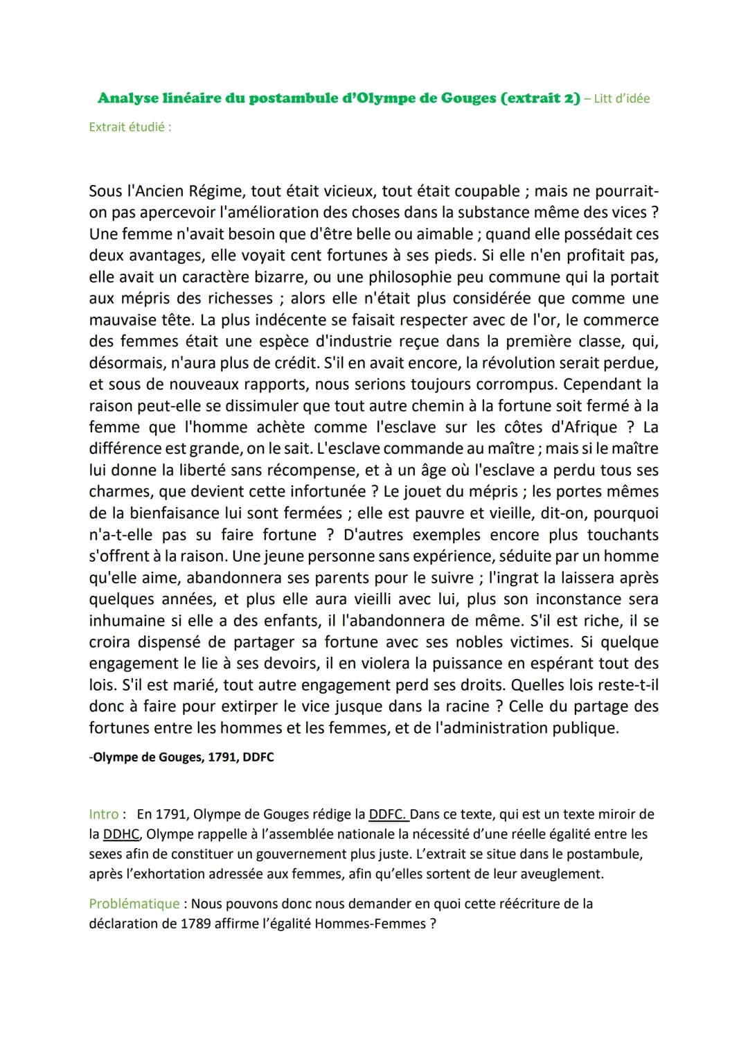 Analyse linéaire du postambule d'Olympe de Gouges (extrait 2) - Litt d'idée
Extrait étudié :
Sous l'Ancien Régime, tout était vicieux, tout 