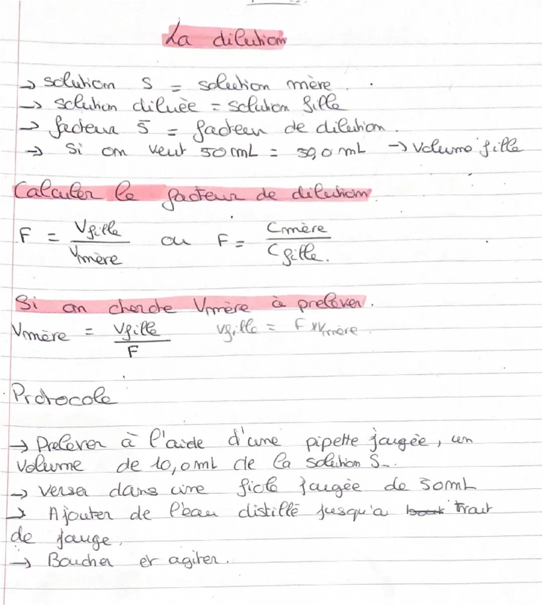 La dilution
→ solution S = solution mère
→ solution diluée = solution fille
→ facteur S = facteur de dilution
→ Si on veut 50mL = 50,0mL → V