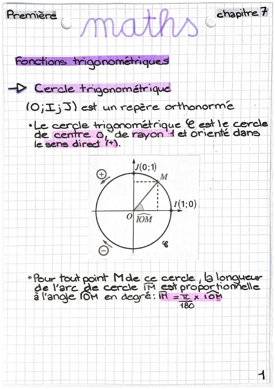 Première
maths
chapitre 7
Fonctions trigonométriques
Cercle trigonométrique
(0;1;J) est un repère orthonormé
•Le cercle trigonométrique & es