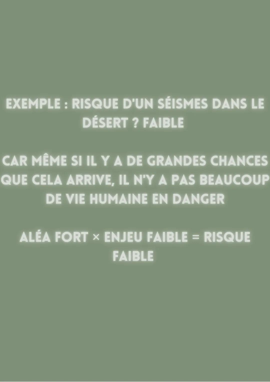 SVT: ESTIMATION DU
RISQUE POUR ESTIMER UN RISQUE, ON
S'INTERROGE SUR CE CALCUL :
RISQUE = ALÉA × ENJEU
ALÉA: PROBABILITÉ D'UN ÉVÉNEMENT
CATA