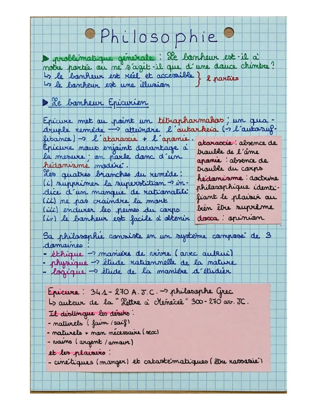 le bonheur
▶ définition + sens étymologique
-
Philosophie
-
chance favorable (-> happiness de happen)
ce qui nous porte chance
état de satis