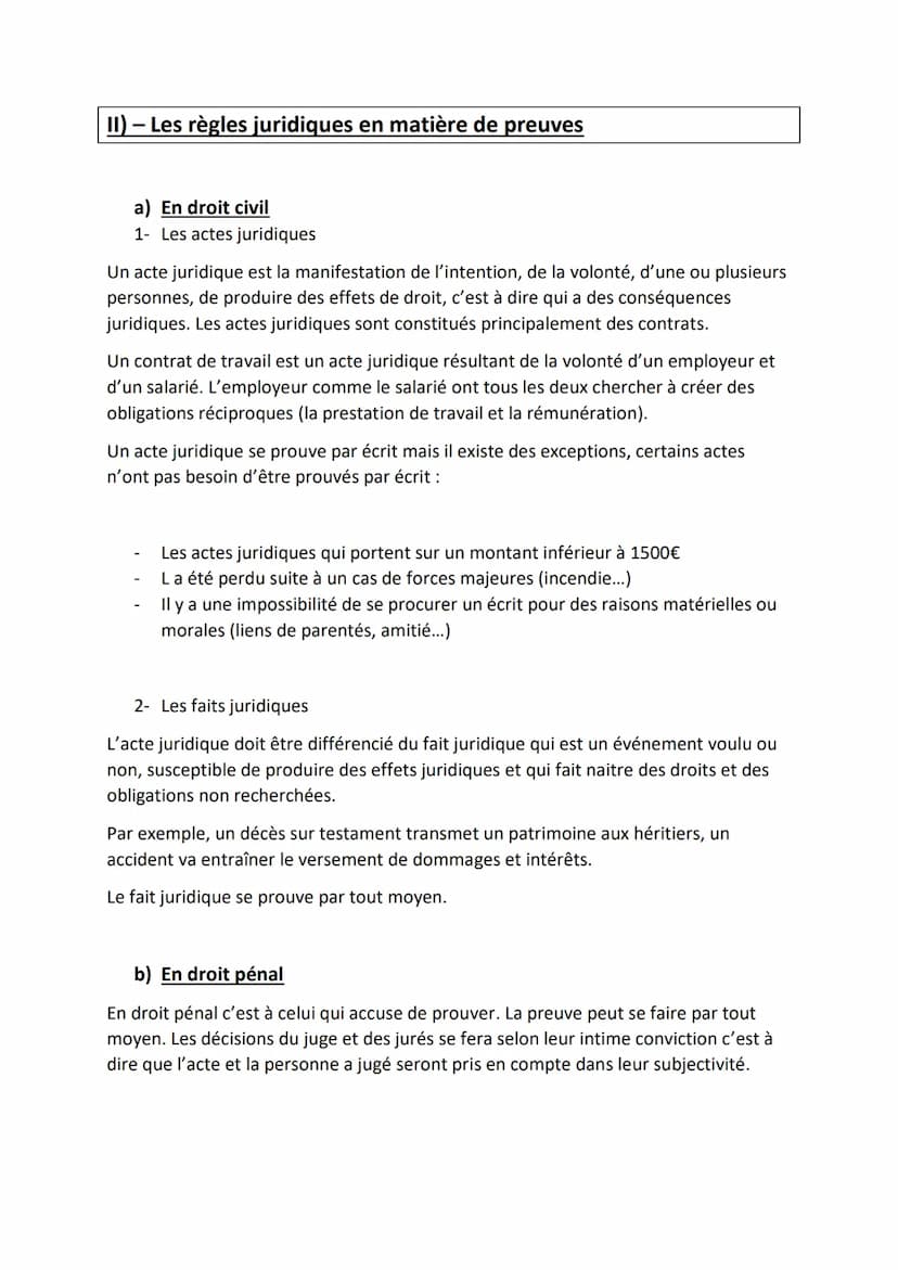 Chapitre 5) La preuve
Objectif du chapitre :
Déterminer au moyen d'une argumentation si le litige est causé par un acte ou par
un fait jurid