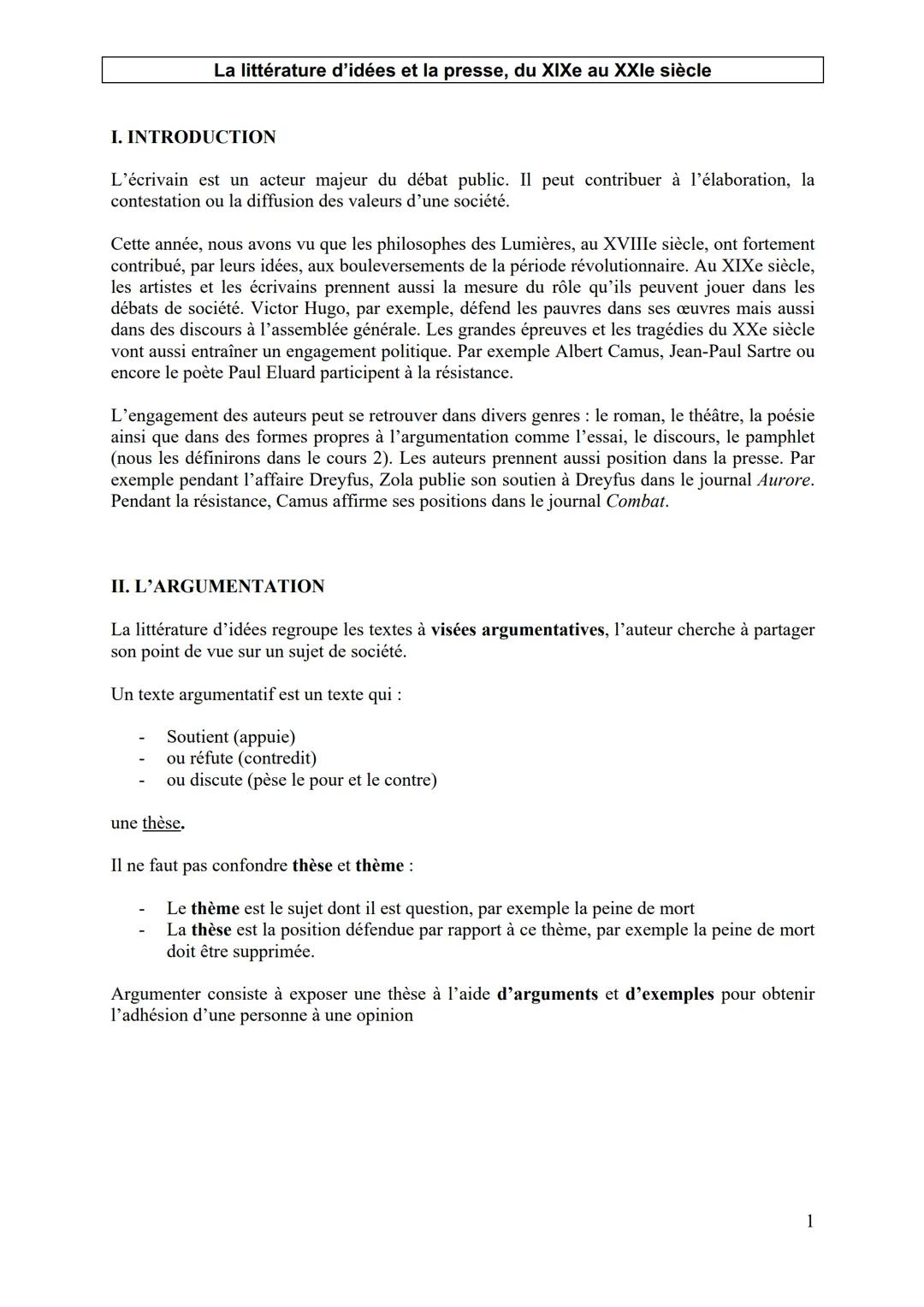 La littérature d'idées et la presse, du XIXe au XXIe siècle
I. INTRODUCTION
L'écrivain est un acteur majeur du débat public. Il peut contrib