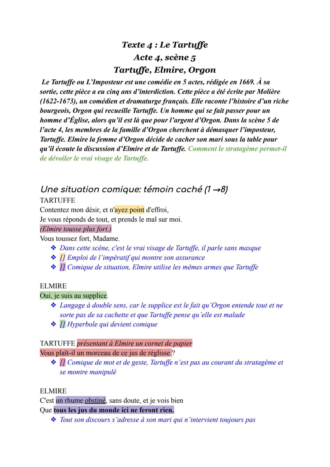 Texte 4: Le Tartuffe
Acte 4, scène 5
Tartuffe, Elmire, Orgon
Le Tartuffe ou L'Imposteur est une comédie en 5 actes, rédigée en 1669. À sa
so