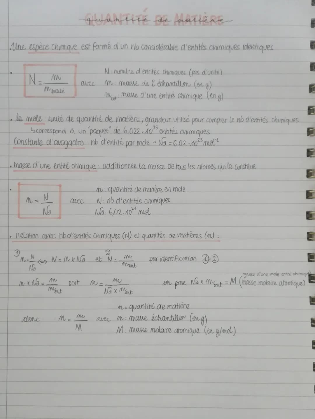 quantice de matière
Une espèce chimique est formé d'un no considérable d'entités chimiques identiques.
N: nombre d'entités chimiques (pas d'