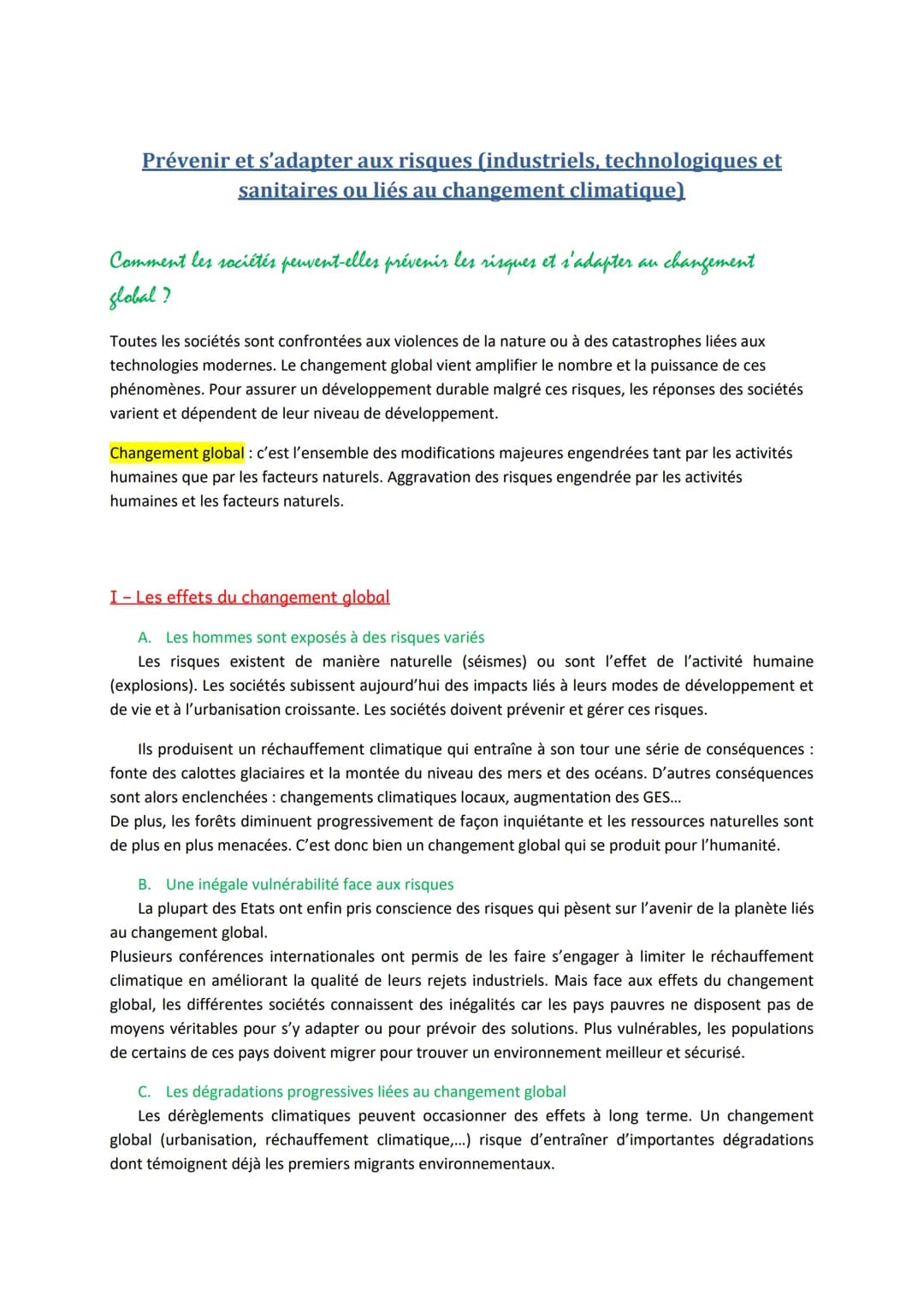 Prévenir et s'adapter aux risques (industriels, technologiques et
sanitaires ou liés au changement climatique)
Comment les sociétés peuvent-