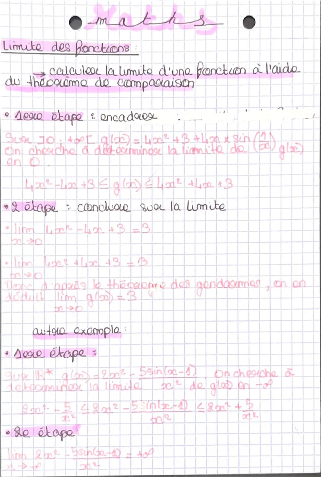 maths
Limite de fonction
→ exemple limite de fonction
•lim<sub>x→+∞</sub>1-3√x = ?
→lim<sub>x→+∞</sub>1 = 0
Par somme
lim<sub>x→+∞</sub>1 - 