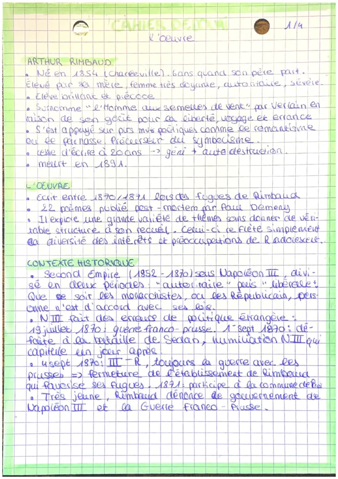 C
ceuvre
1/4
ARTHUR RIMBAUD
Né en 1854 (Chaceeville). bans quand son père part.
Elevé par sa mère femme très doyance, autoritaire, sévère-
E