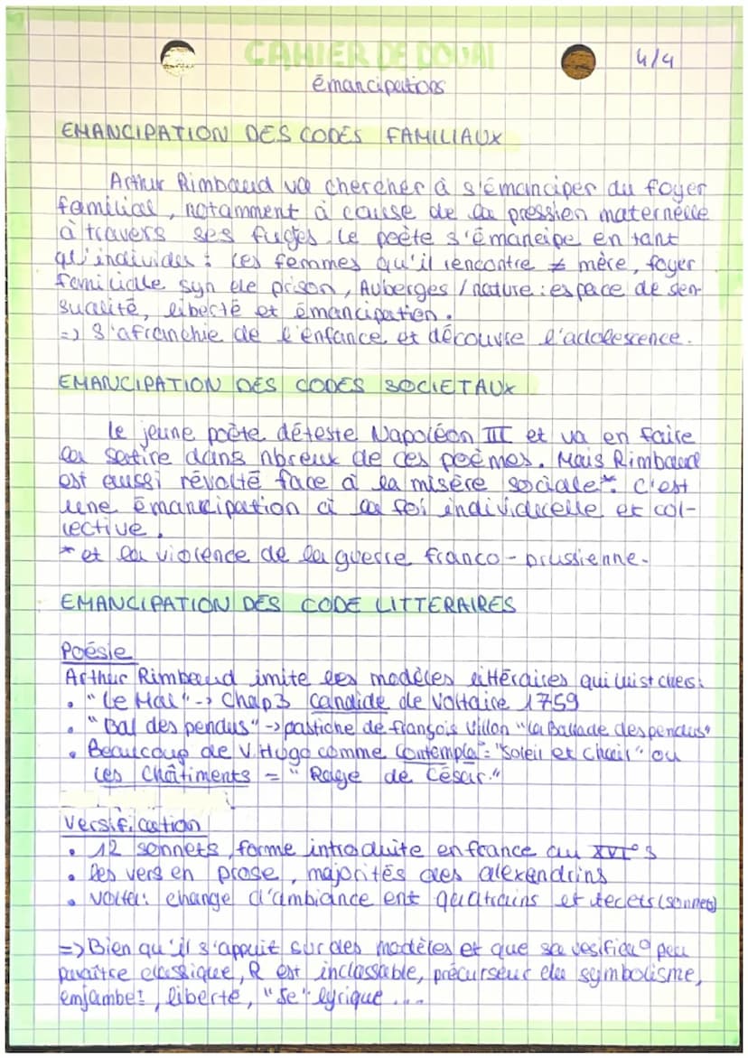 C
ceuvre
1/4
ARTHUR RIMBAUD
Né en 1854 (Chaceeville). bans quand son père part.
Elevé par sa mère femme très doyance, autoritaire, sévère-
E