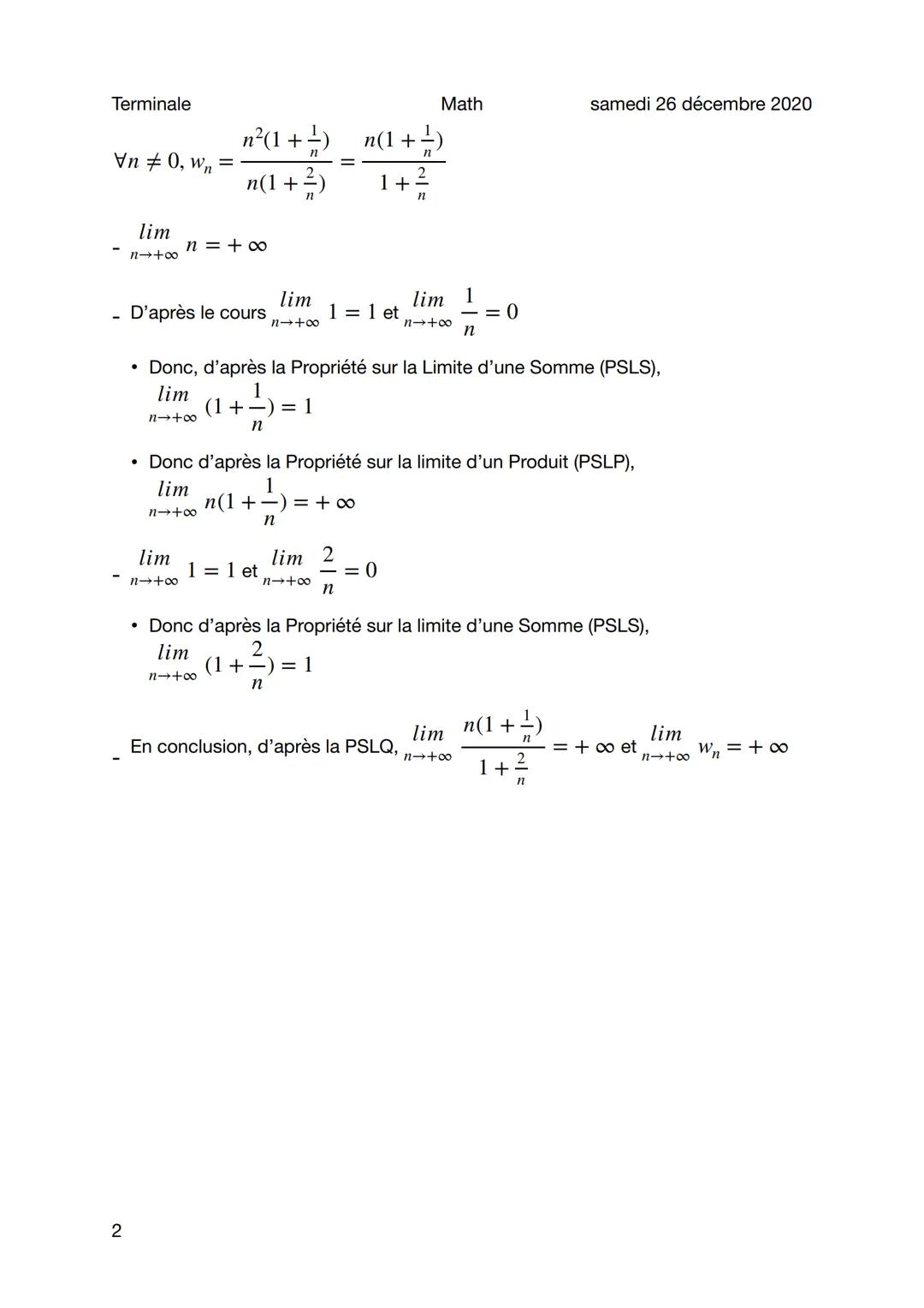 Terminale
Calculer limites formes indéterminées
Sujet général
VEN, V₁=n² — i
- n
D'après le cours,
1
\n ‡ 0, v₁ = n²(1 − −¹)
n
lim
n→ +∞
lim