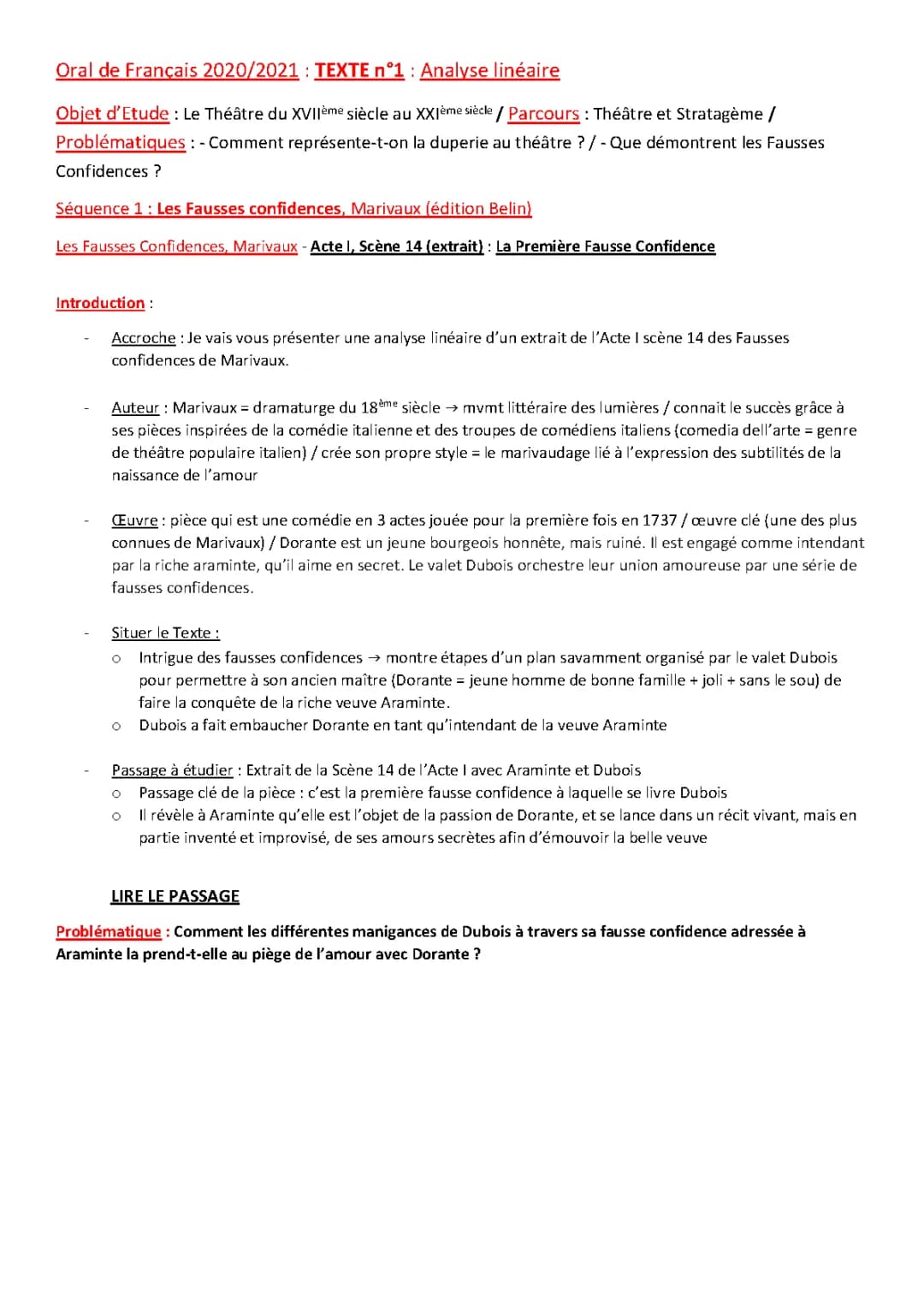 Les Fausses Confidences Acte 1 Scène 14 PDF et Analyse Linéaire