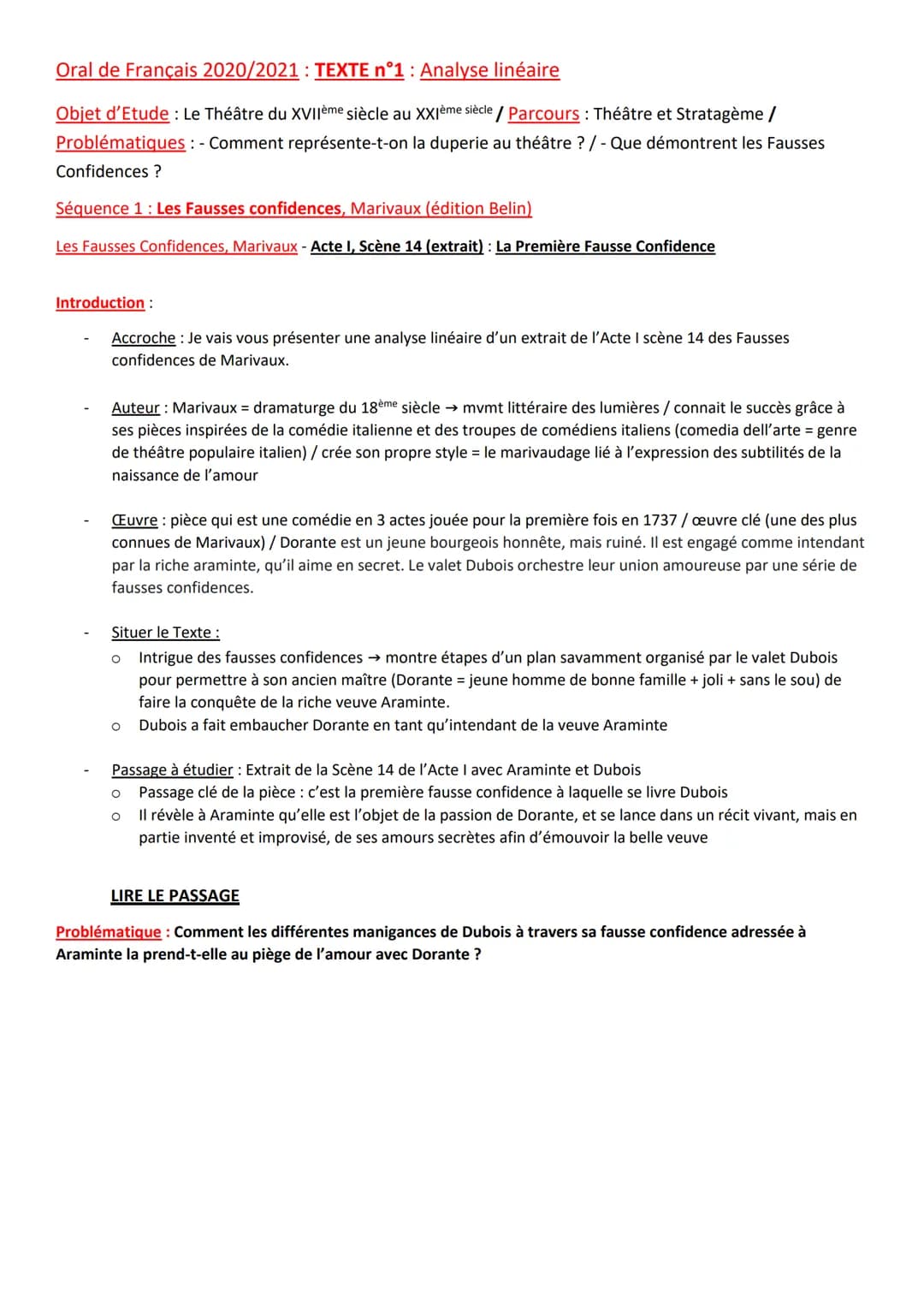 Oral de Français 2020/2021: TEXTE n°1 : Analyse linéaire
Objet d'Etude: Le Théâtre du XVIIème siècle au XXIème siècle / Parcours : Théâtre e