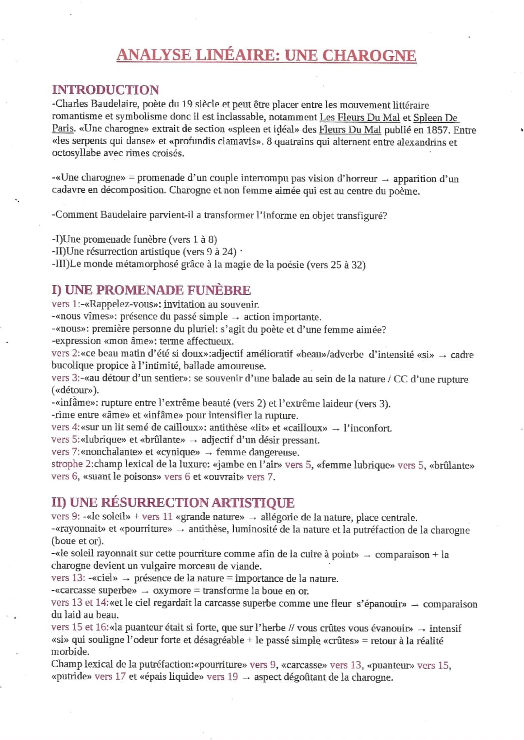 Analyse linéaire de 'Une charogne' de Baudelaire - PDF et Oral BAC