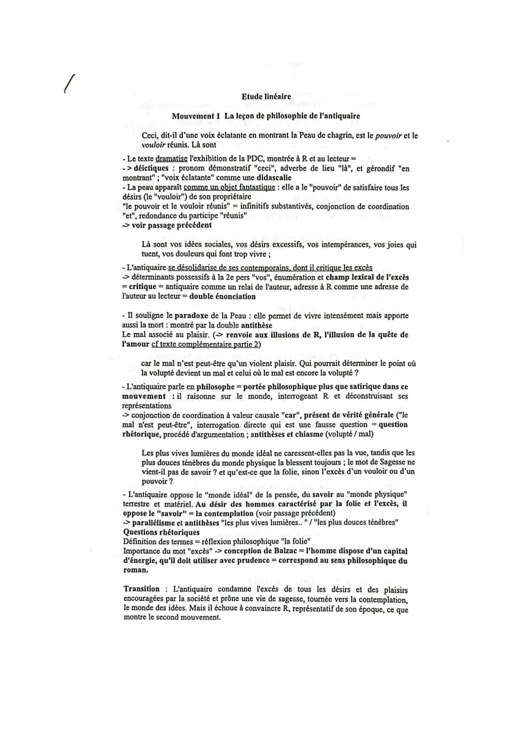 Etude linéaire
Mouvement 1 La leçon de philosophie de l'antiquaire
Ceci, dit-il d'une voix éclatante en montrant la Peau de chagrin, est le 