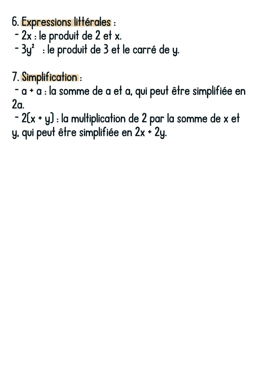 Maths
Les expressions algébriques
1. Addition et soustraction :
- a + b : la somme de a et b.
- a - b : la différence entre a et b.
2. Multi