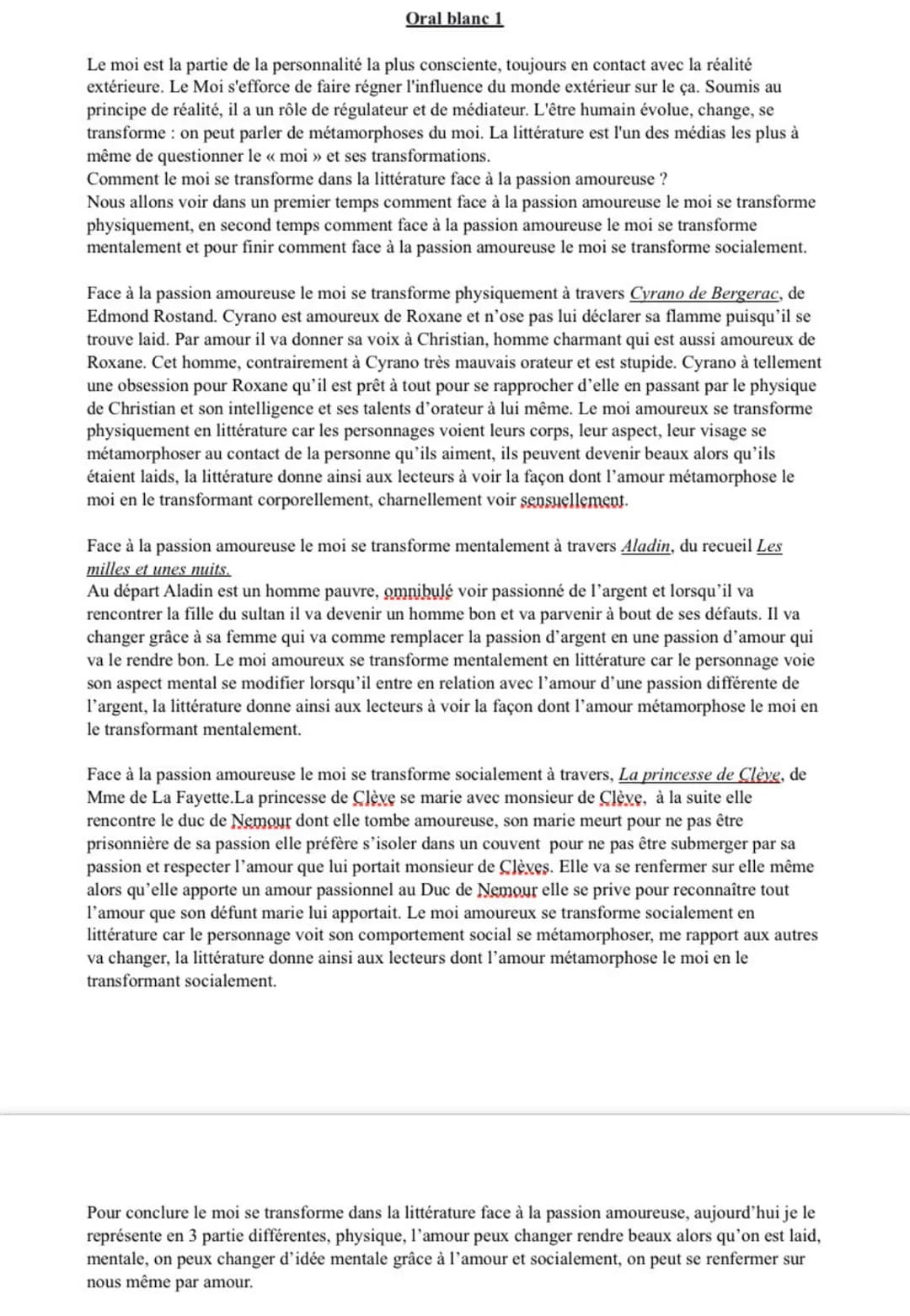 Oral blanc 1
Le moi est la partie de la personnalité la plus consciente, toujours en contact avec la réalité
extérieure. Le Moi s'efforce de