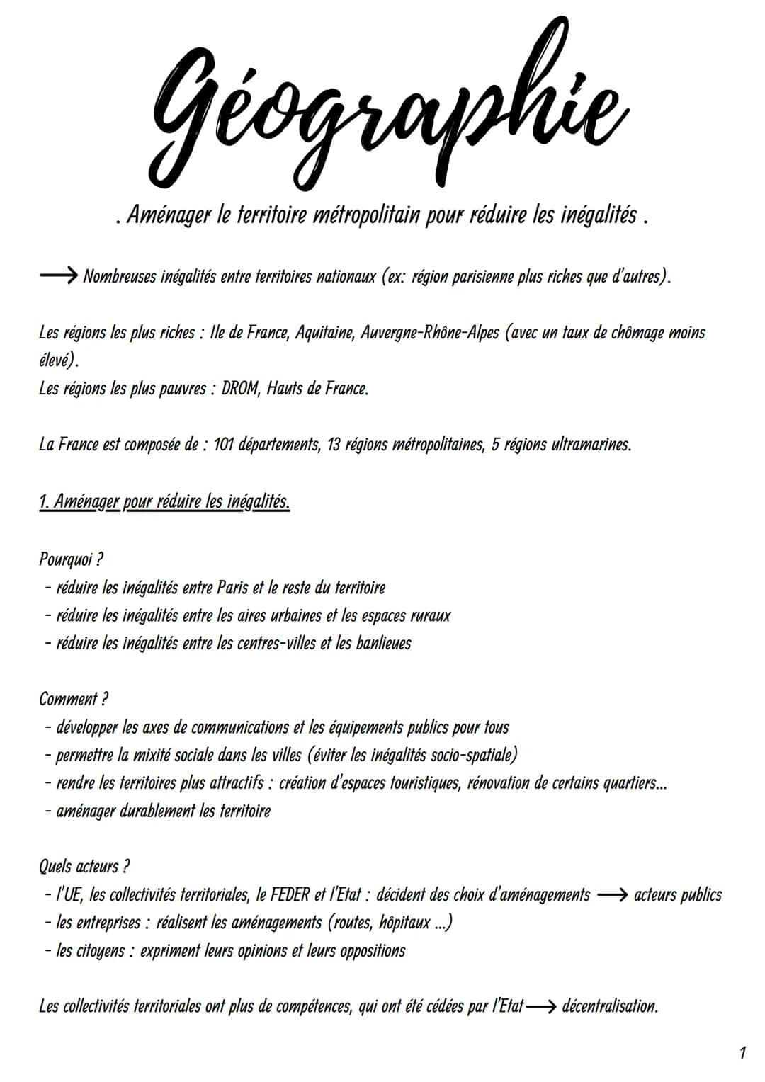 Nombreuses inégalités entre territoires nationaux (ex: région parisienne plus riches que d'autres).
Les régions les plus riches : Ile de Fra