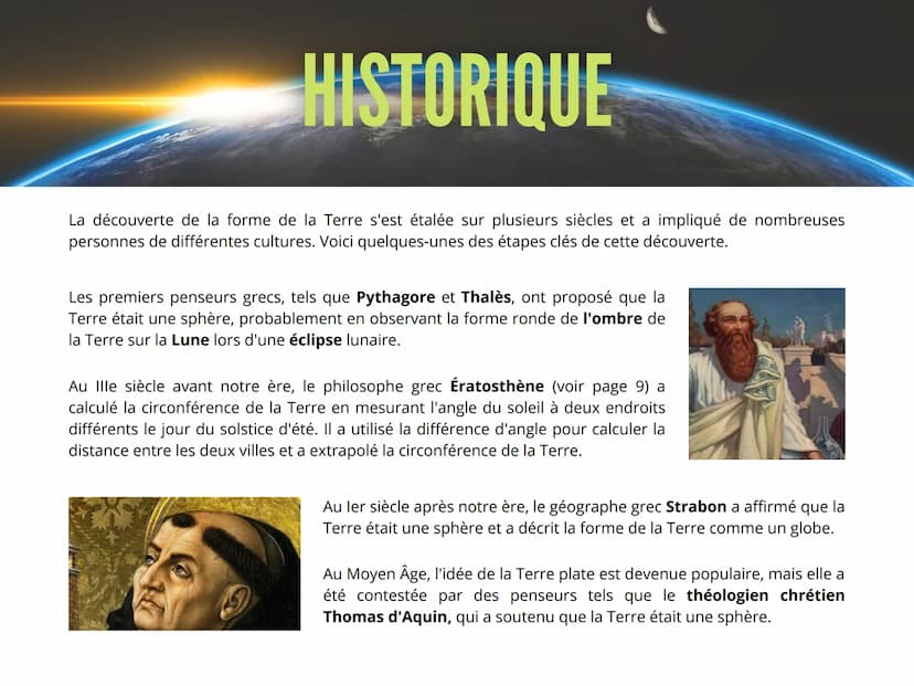 LE MYSTERE DE LA
FORME DE LA TERRE Introduction
Observation
Experiences
Conclusion
1
2
3
4
L'historique et les personnes qui ont prouvé que 