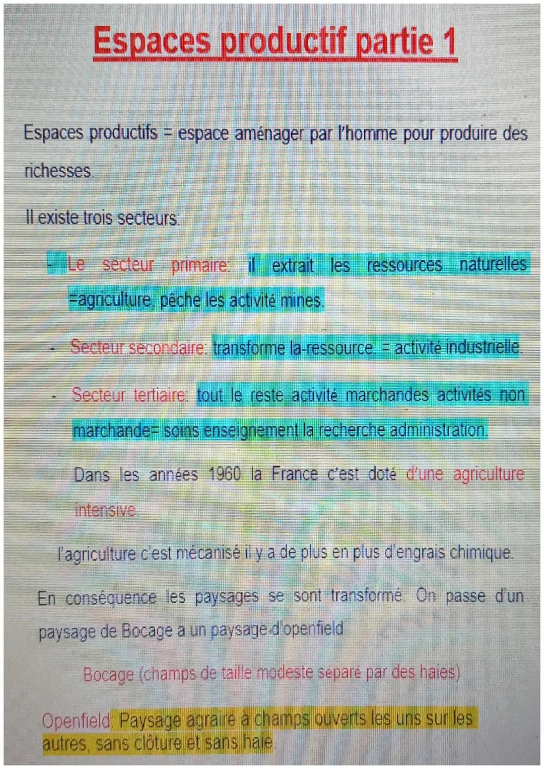 # Espaces productif partie 1

Espaces productifs = espace aménager par l'homme pour produire des
richesses.

Il existe trois secteurs:

Le s