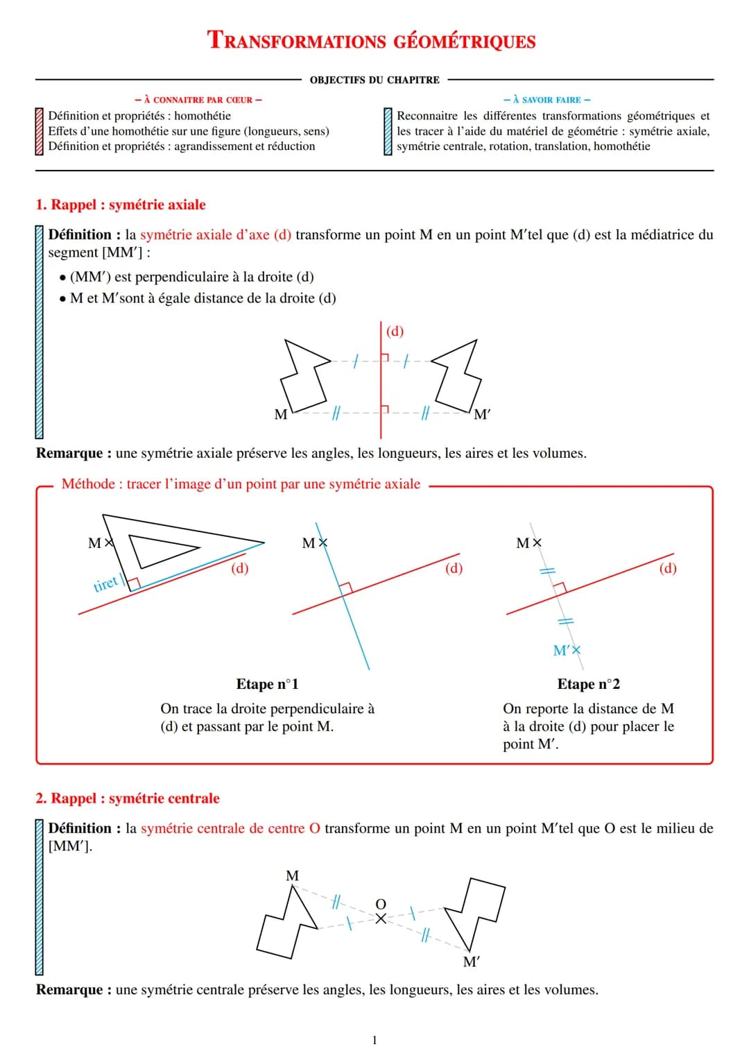 TRANSFORMATIONS GÉOMÉTRIQUES
- À CONNAITRE PAR COEUR -
Définition et propriétés : homothétie
OBJECTIFS DU CHAPITRE
Effets d'une homothétie s