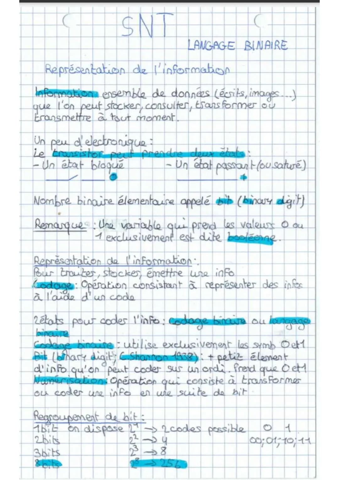 SNT
LANGAGE BINAIRE
Représentation de l'information
Information ensemble de données (écsits, images...)
que l'on peut stocker, consulter, tr