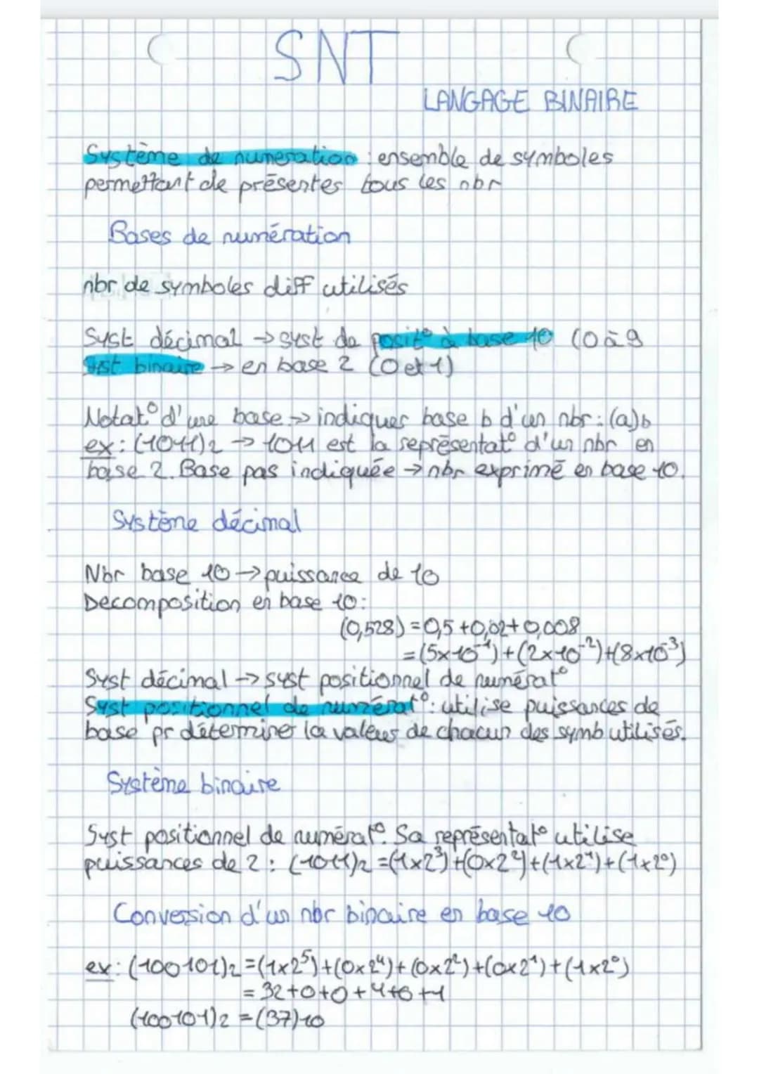 SNT
LANGAGE BINAIRE
Représentation de l'information
Information ensemble de données (écsits, images...)
que l'on peut stocker, consulter, tr