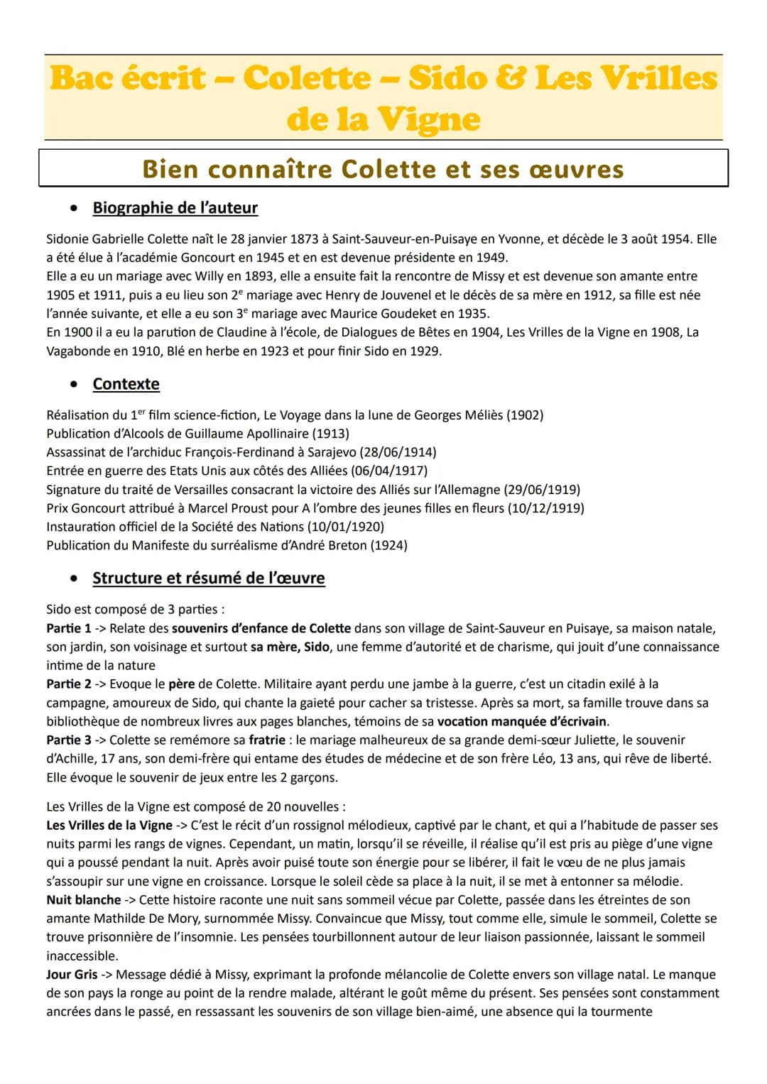 Bac écrit - Colette - Sido & Les Vrilles
de la Vigne
Bien connaître Colette et ses œuvres
Biographie de l'auteur
Sidonie Gabrielle Colette n