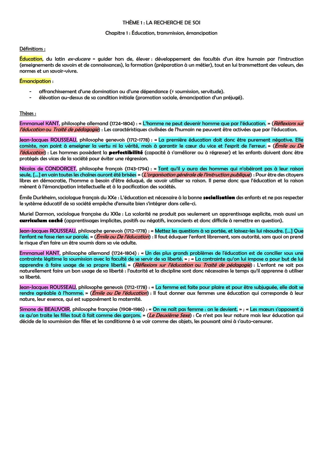 THÈME 1: LA RECHERCHE DE SOI
Chapitre 1: Éducation, transmission, émancipation
Définitions :
Éducation, du latin ex-ducere = guider hors de,
