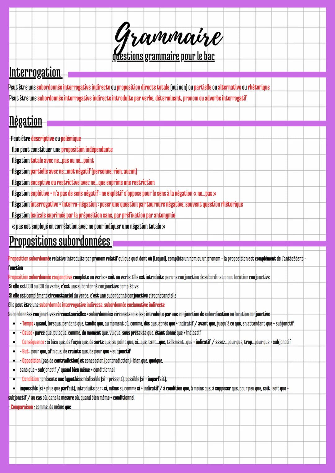 Grammaire
questions grammaire pour le bac
Interrogation
Peut être une subordonnée interrogative indirecte ou proposition directe totale (oui