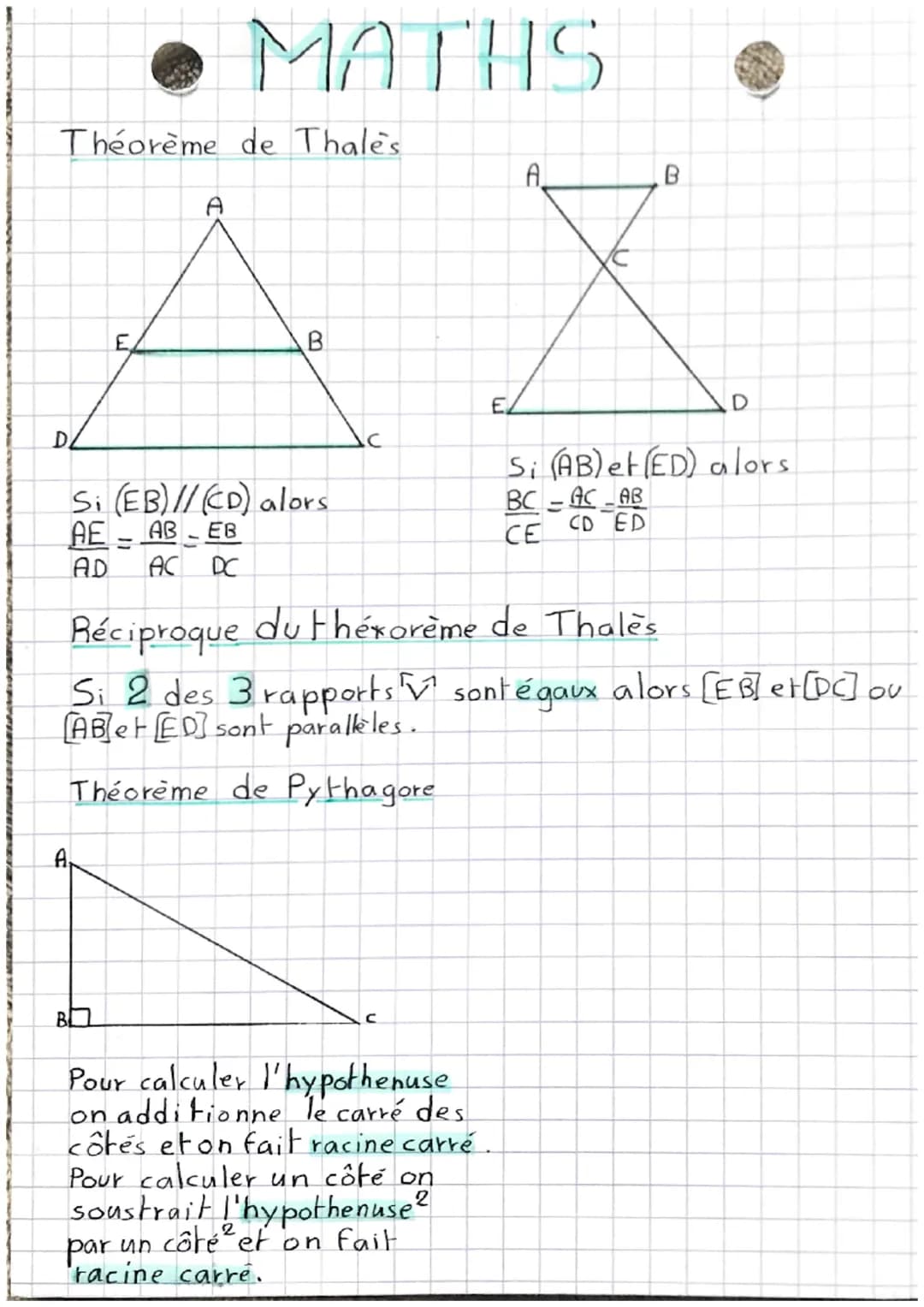 Théorème de Thales
D
E
MATHS
A
BO
B
Si (EB) // (CD) alors
AE AB EB
AD
AC
DC
A
B
X
с
Réciproque
du théxorème de Thales
Si 2 des 3 rapports so