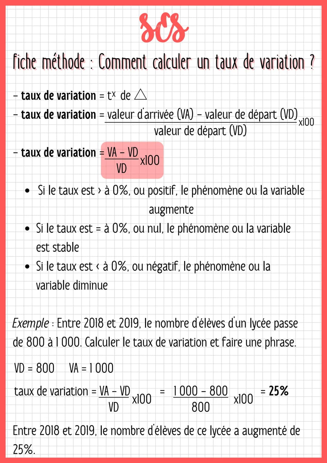 Ses
fiche méthode: Comment calculer un taux de variation ?
- taux de variation = tx de A
-
· taux de variation = valeur d'arrivée (VA) - val