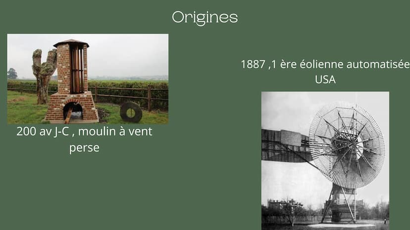 L'Éolienne : Sommaire
• Ses origines
Comment ça marche
Sa part en France et dans le
monde
Les enjeux politiques
• L'éolienne au niveau de
l'