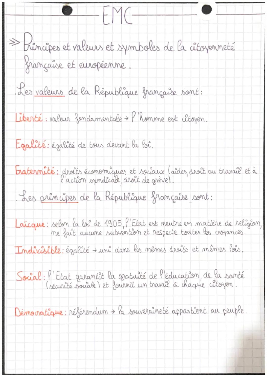 EMC

>> Principes et valeurs et symboles de la citoyenneté
française et européenne.

Les valeurs de la République française sont:

Liberté: 