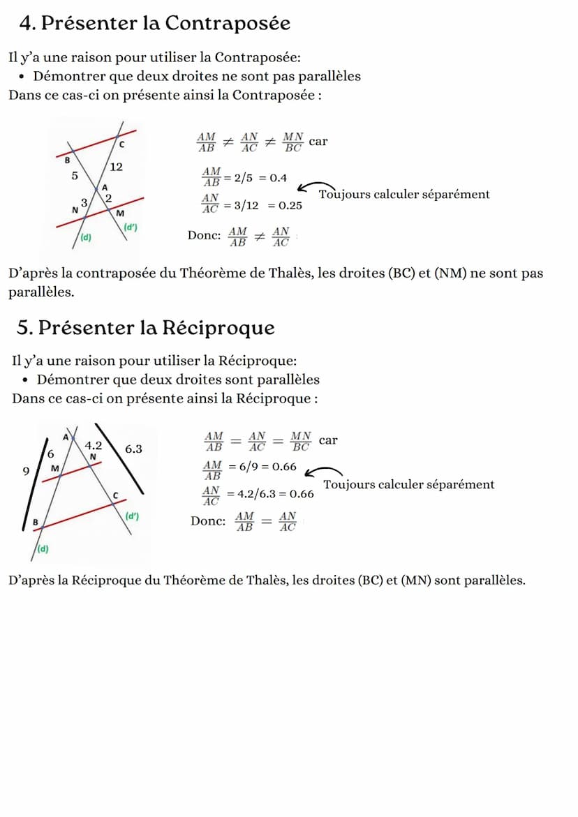 1. Théorème, Contraposée et Réciproque
Le Théorème de Thalès comporte 3 utilisations:
• Le Théorème
Démontre l'égalité entre certains rappor