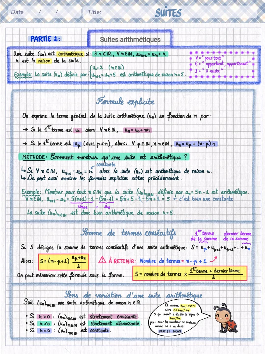 Date
Title:
SUITES
PARTIE 2:
Suites arithmétiques
Une suite (un) est arithmétique si: IRER, VNEN, Mn+₁ = Um + r
rest la raison de la suite.
