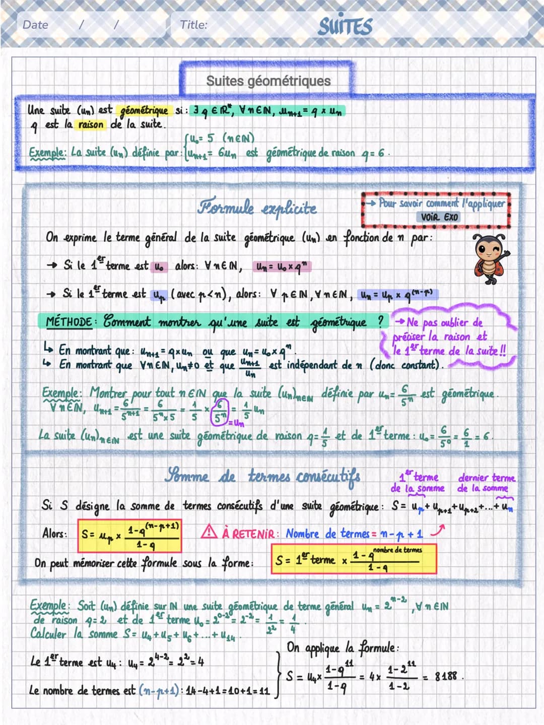 Date
Title:
SUITES
PARTIE 2:
Suites arithmétiques
Une suite (un) est arithmétique si: IRER, VNEN, Mn+₁ = Um + r
rest la raison de la suite.
