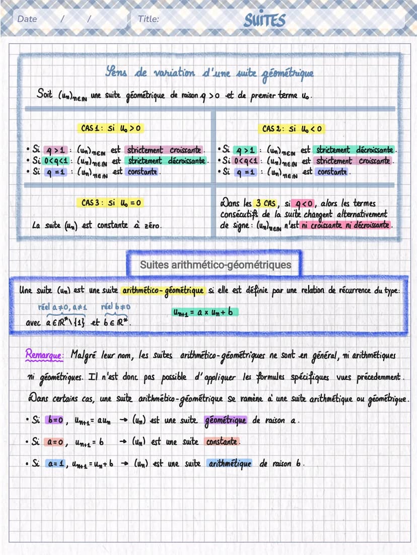 Date
Title:
SUITES
PARTIE 2:
Suites arithmétiques
Une suite (un) est arithmétique si: IRER, VNEN, Mn+₁ = Um + r
rest la raison de la suite.
