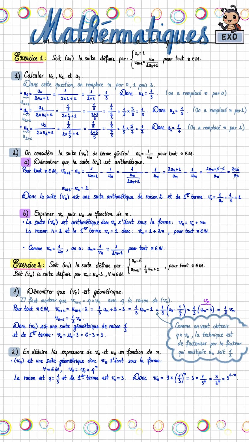 Date
Title:
SUITES
PARTIE 2:
Suites arithmétiques
Une suite (un) est arithmétique si: IRER, VNEN, Mn+₁ = Um + r
rest la raison de la suite.
