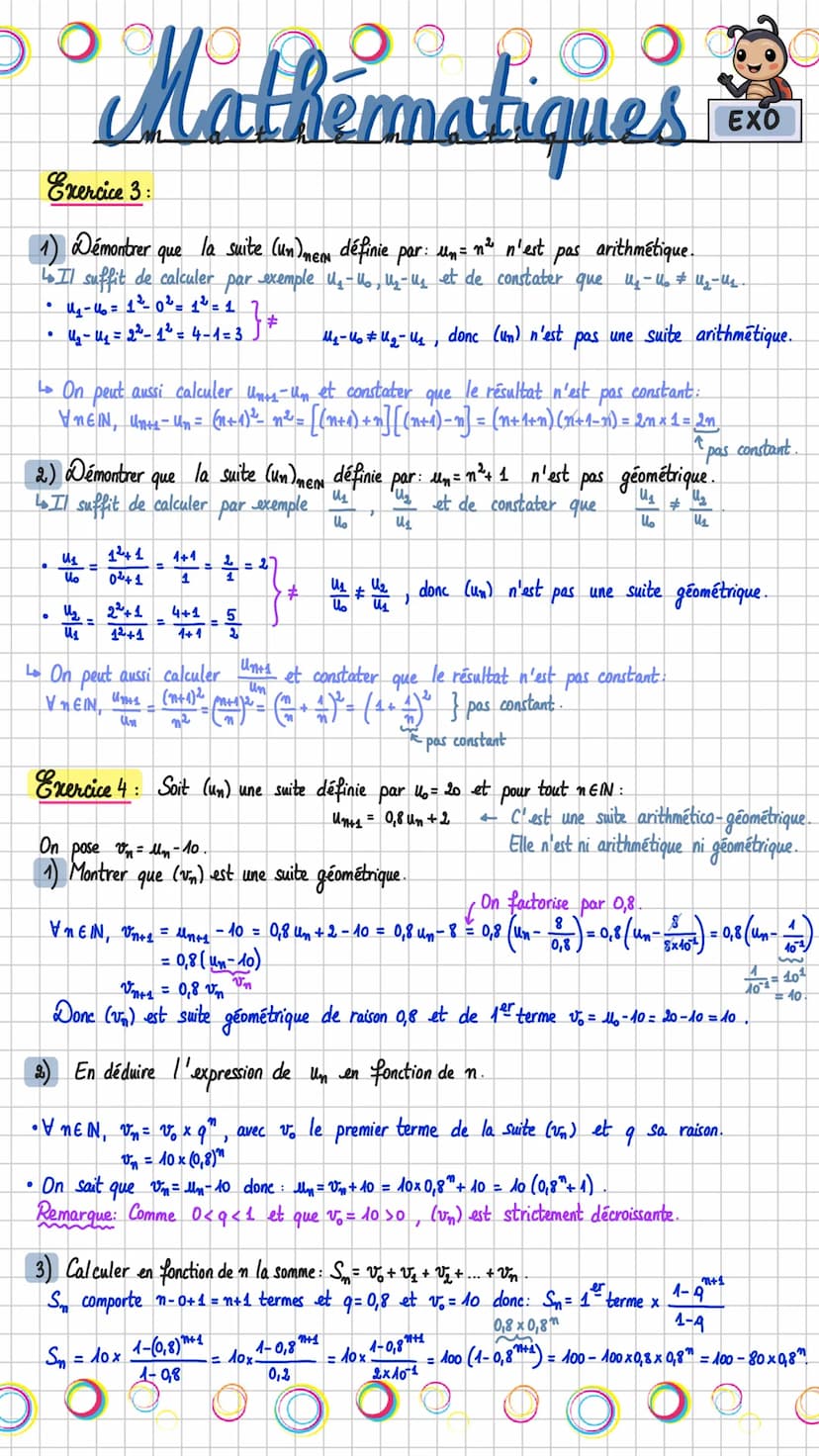 Date
Title:
SUITES
PARTIE 2:
Suites arithmétiques
Une suite (un) est arithmétique si: IRER, VNEN, Mn+₁ = Um + r
rest la raison de la suite.
